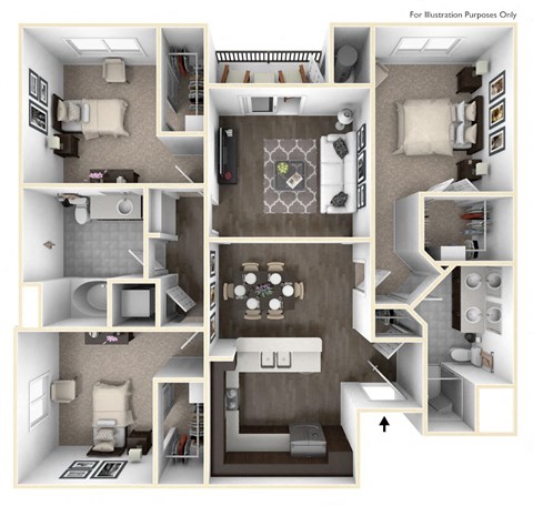 Floor plan for 3 beds, 2 baths, 1373 sqft